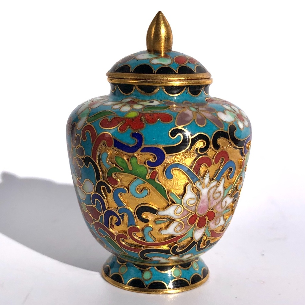 Chinese lotus flower cloisonne ginger jar vase with lid blue gold brass enamel - Picture 3 of 16